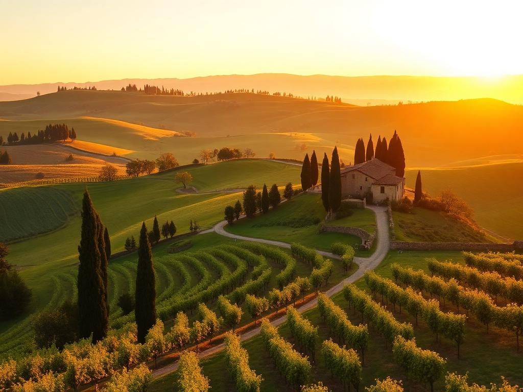 Toscana, Itália — colinas e ciprestes ao pôr do sol