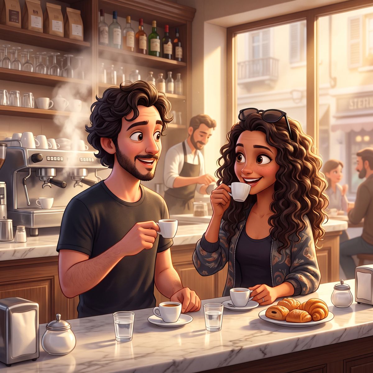 Café expresso no balcão às 7h da manhã